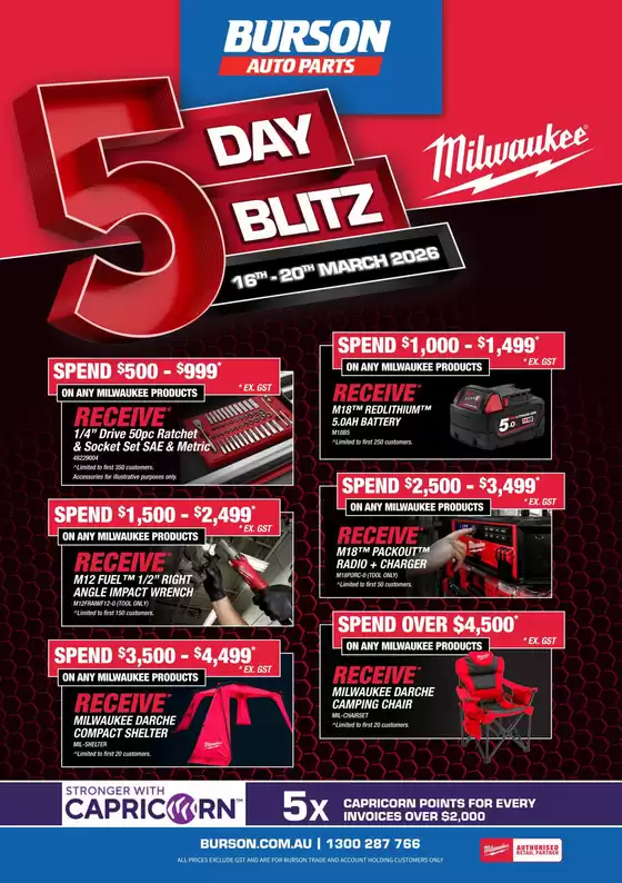 Burson Auto Parts catalogue in Bairnsdale VIC | Milwaukee 5 Day Blitz - March 2026Woof Creative | 2026-03-16T00:00:00.000Z - 2026-03-20T00:00:00.000Z