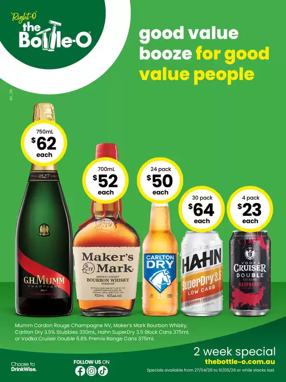 The Bottle-O catalogue in Yankalilla SA | Good Value Booze, For Good Value People 27/04 | 2026-04-27T00:00:00.000Z - 2026-05-10T00:00:00.000Z
