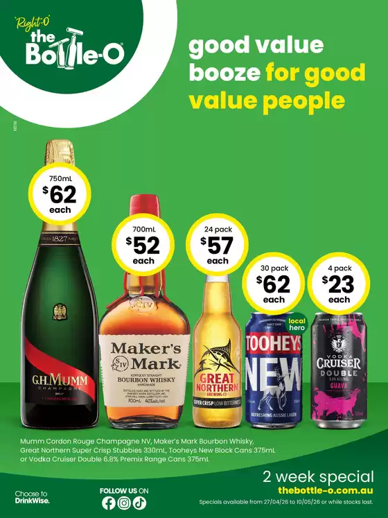 The Bottle-O catalogue in Yankalilla SA | Good Value Booze, For Good Value People. 27/04 | 2026-04-27T00:00:00.000Z - 2026-05-10T00:00:00.000Z