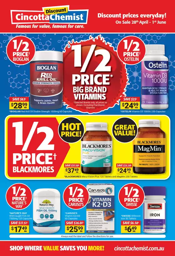 Cincotta Chemist catalogue in Hinton NSW | 1/2 Price Big Brand Vitamins | 2026-04-28T00:00:00.000Z - 2026-06-01T00:00:00.000Z