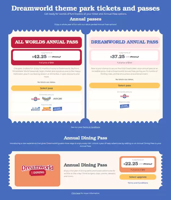 Dreamworld catalogue | Tickets And Passes | 2026-07-22T00:00:00.000Z - 2026-08-19T00:00:00.000Z
