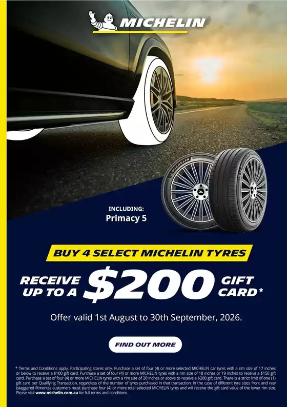 Tyrepower catalogue | Michelin Up To 200 Gift Card Promotion | 2026-08-01T00:00:00.000Z - 2026-09-30T00:00:00.000Z