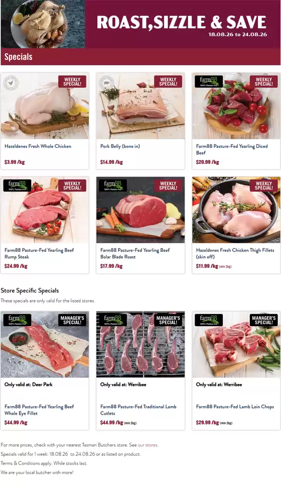 Tasman Butchers catalogue | Roast, Sizzle & Save | 2026-08-18T00:00:00.000Z - 2026-08-24T00:00:00.000Z
