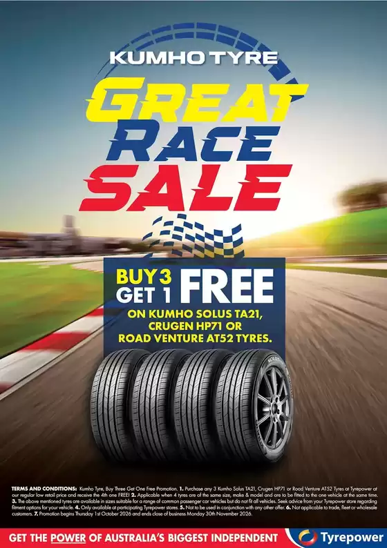 Tyrepower catalogue | Kumho Great Race Sale - Buy 3 Get 1 Free | 2026-10-01T00:00:00.000Z - 2026-11-30T00:00:00.000Z