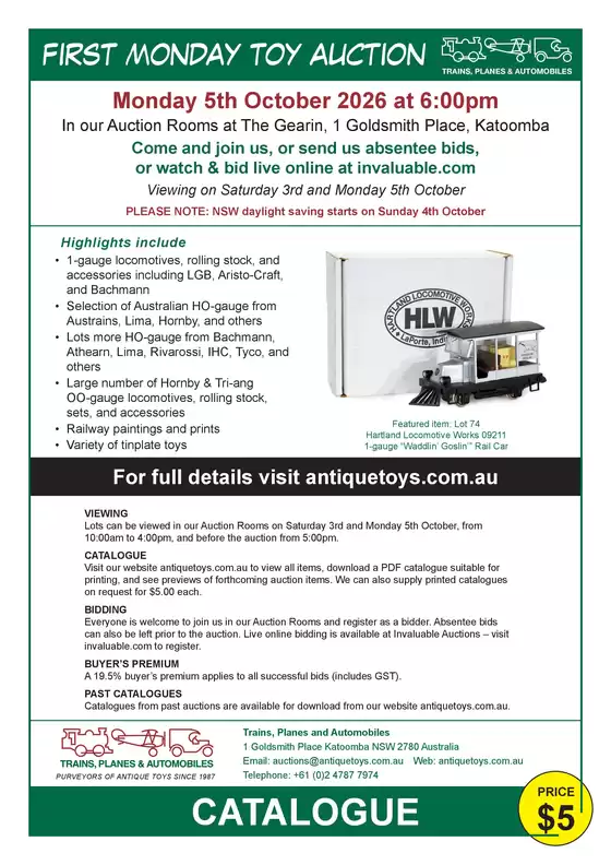 Hotel Gearin catalogue | First Monday Toy Auction | 2026-10-01T00:00:00.000Z - 2026-10-31T00:00:00.000Z
