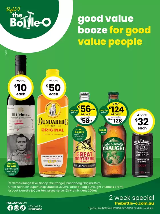The Bottle-O catalogue | Good value booze for good value people 12/10 | 2026-10-12T00:00:00.000Z - 2026-10-25T00:00:00.000Z